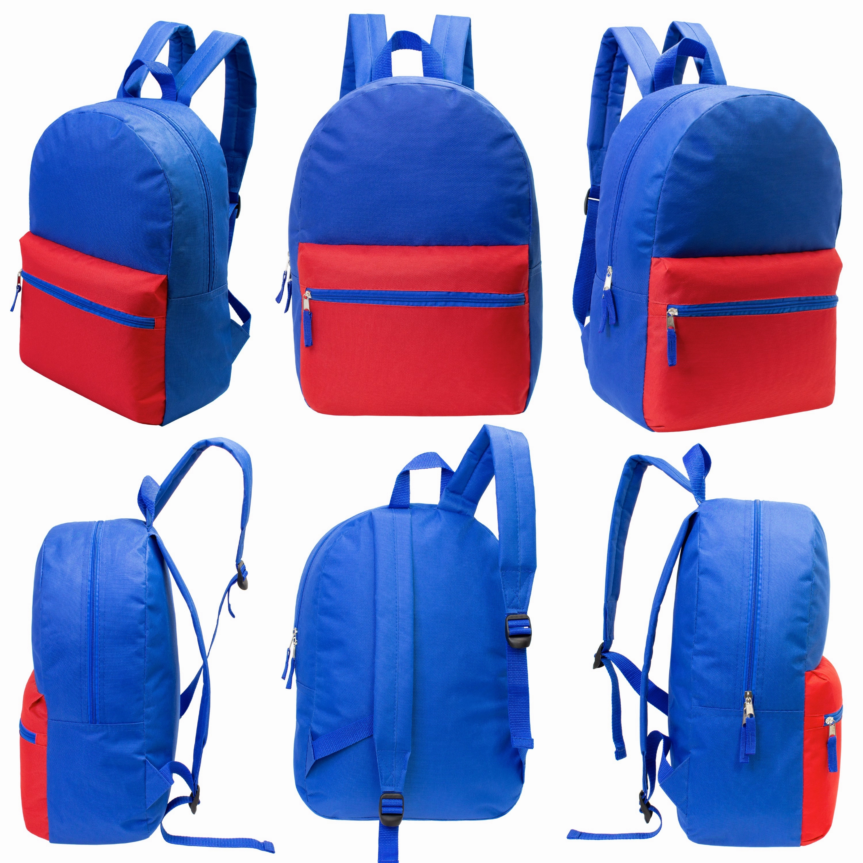 17" Kids Basic Wholesale Backpack in 6 Boy Colors 2 Tone - Bulk Case of 24 Backpacks