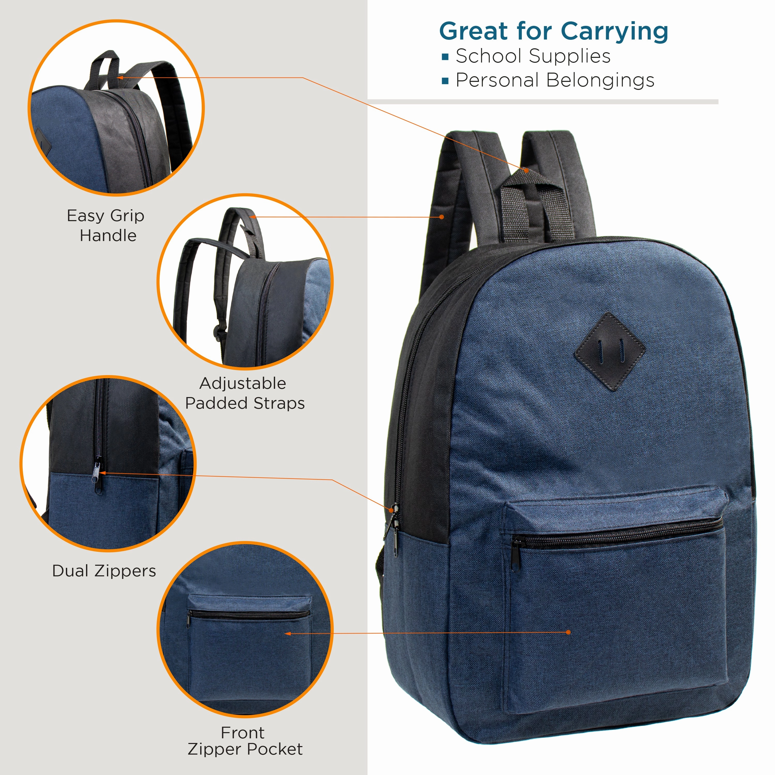 17" Kids Basic Wholesale Backpack in Assorted 5 Colors Diamond Patch - Bulk Case of 24 Backpacks