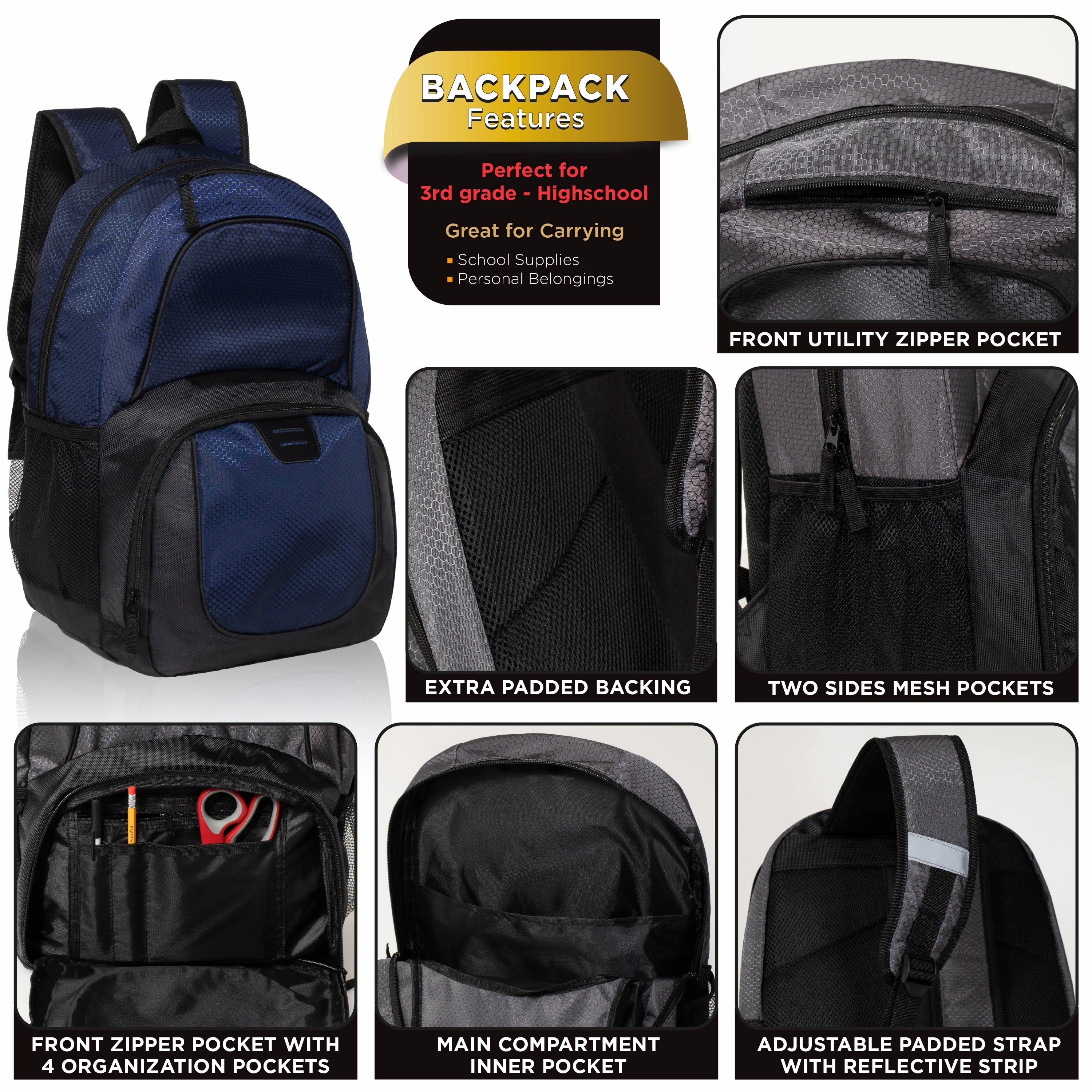 18" Deluxe Padded Back Wholesale Nylon Backpack with Laptop Pocket & Organizer - Bulk Case of 24