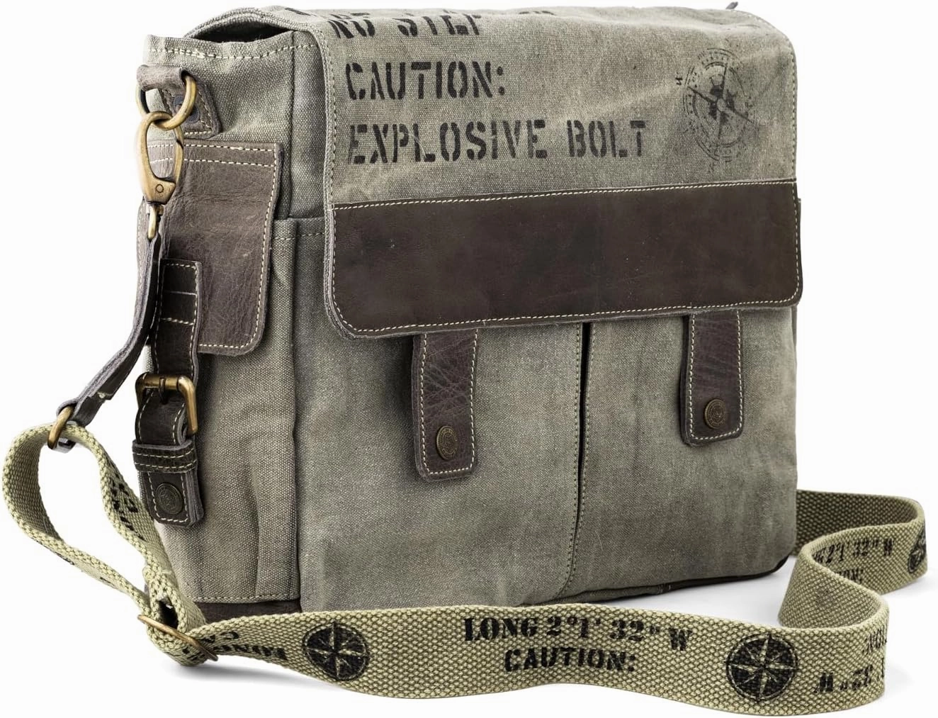 3B-Upcycled Vintage Military Leather Canvas Shoulder Bag Laptop Messenger Bags Medium Crossbody Purse, Boho Bag with 2 Straps