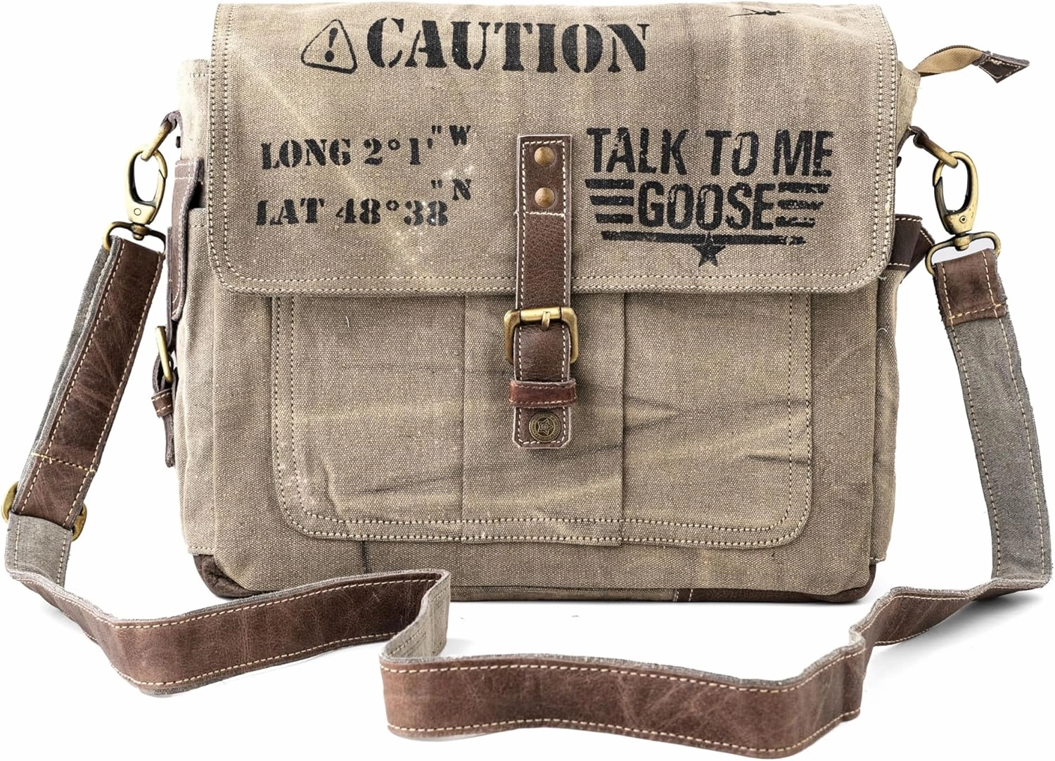 3B-Vintage Print Talk To me goose Upcycled Military Leather Canvas Shoulder Bag Laptop Messenger Bags Crossbody 2 Straps