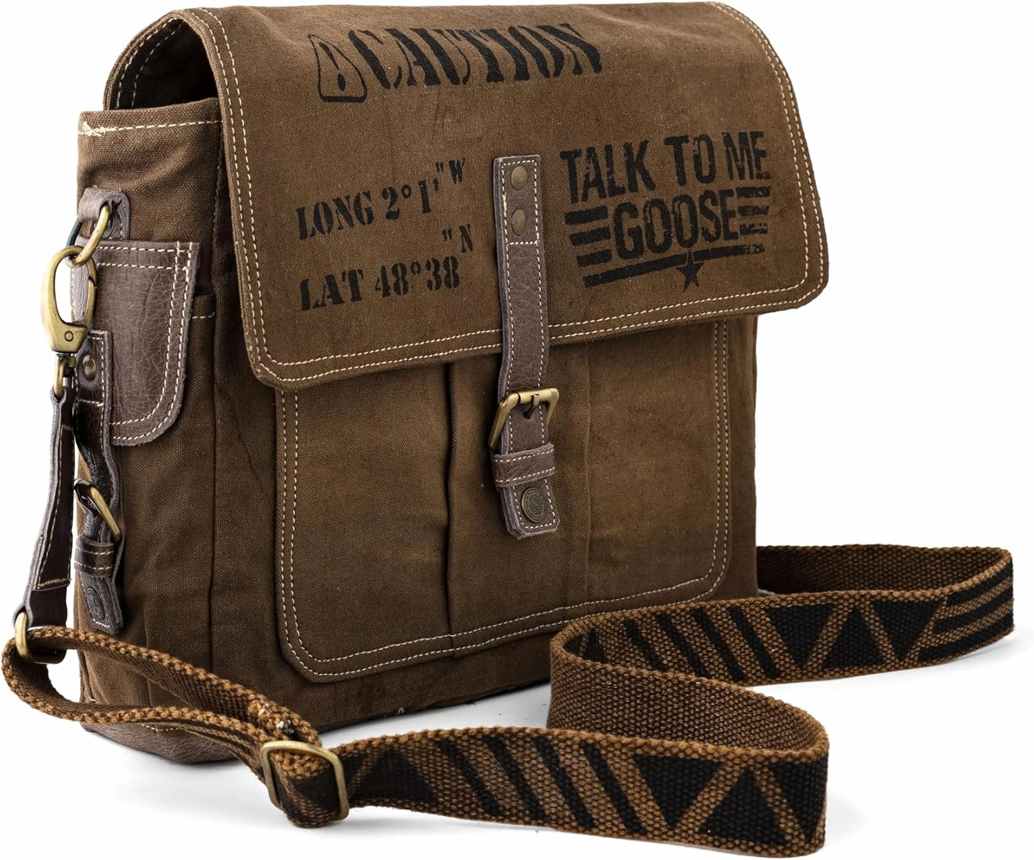 3B-Vintage Print Talk To me goose Upcycled Military Leather Canvas Shoulder Bag Laptop Messenger Bags Crossbody 2 Straps