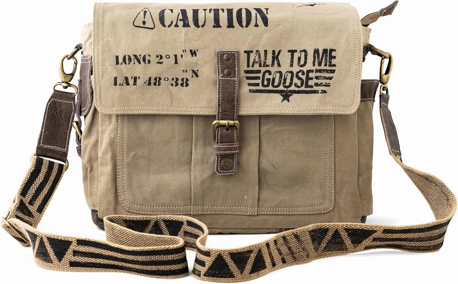 3B-Vintage Print Talk To me goose Upcycled Military Leather Canvas Shoulder Bag Laptop Messenger Bags Crossbody 2 Straps