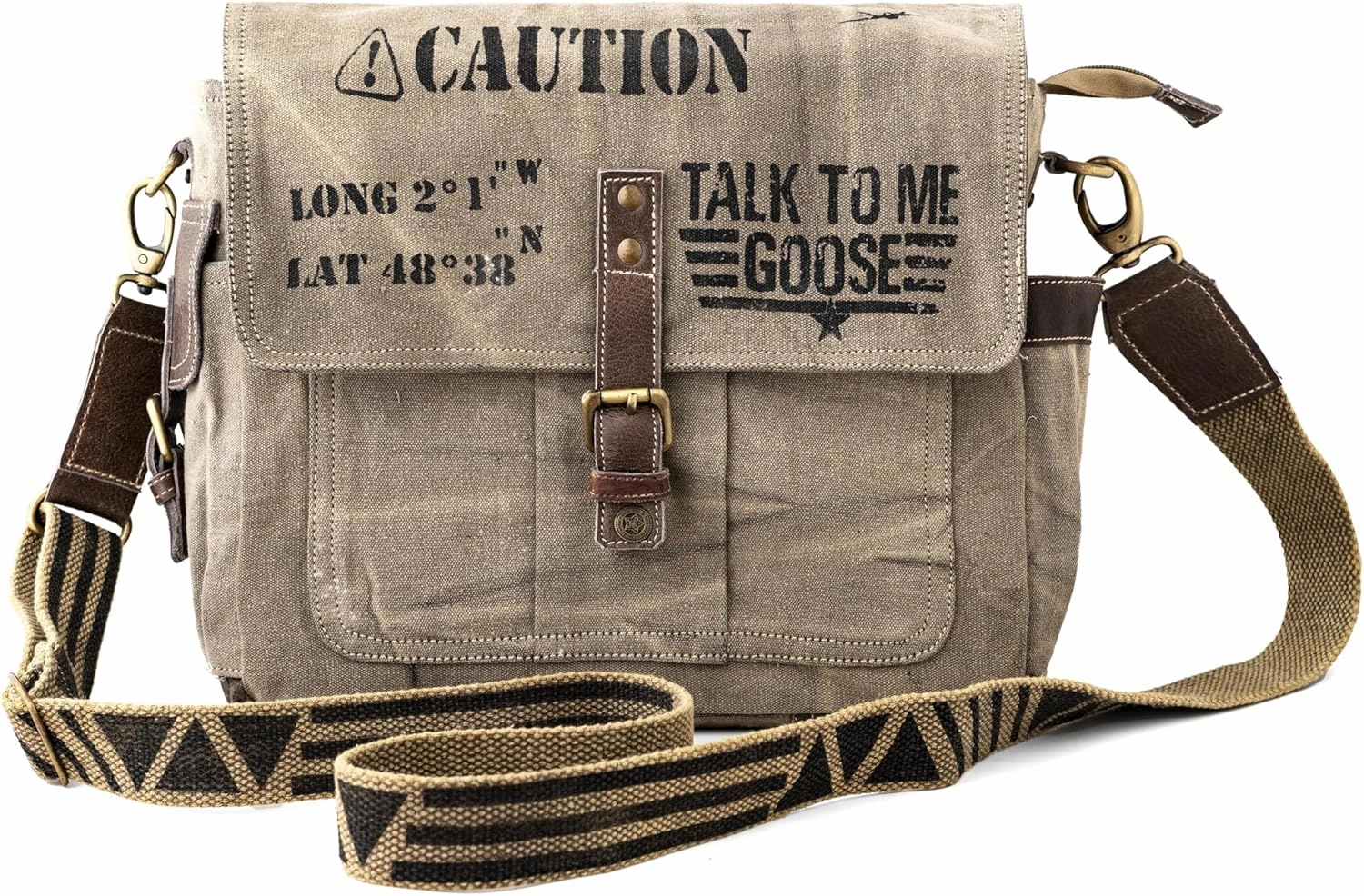 3B-Vintage Print Talk To me goose Upcycled Military Leather Canvas Shoulder Bag Laptop Messenger Bags Crossbody 2 Straps