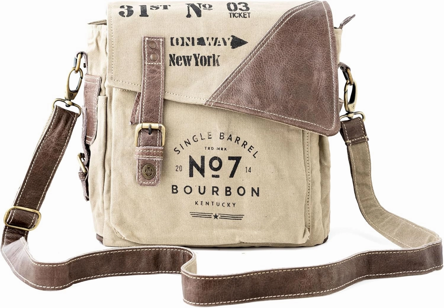 3B-Vintage Print Upcycled Military Leather Canvas Shoulder Bag Laptop Messenger Bags Medium Crossbody 2 Straps