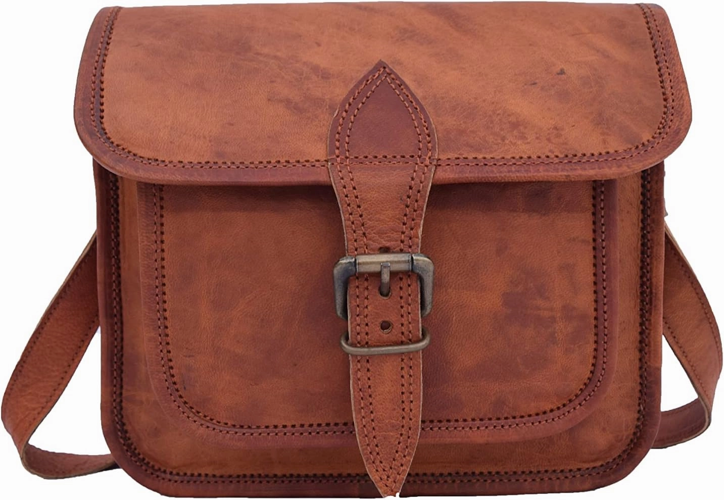 9 Inch Mini Vintage Leather Crossbody Sling Bag Teen Boys Girls Satchel Handbag Messenger Bags, Brown