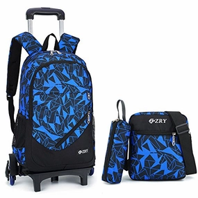 Adanina 3Pcs Geometric Prints Elementary Students Rolling Backpack School Bag With Wheels Trolley