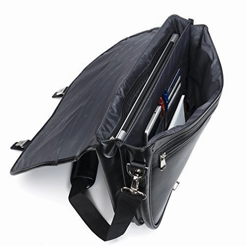 Alpine Swiss Leather Briefcase Dressy Double Buckle Flap-Over Black