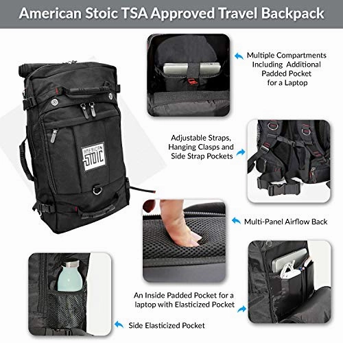American Stoic Carry On Bag Black - 50L TSA Approved Weekender Bag  Convertible from 19 Laptop Backpack to Carryon Duffel Bag  22x14x9 (43 linear) Inches
