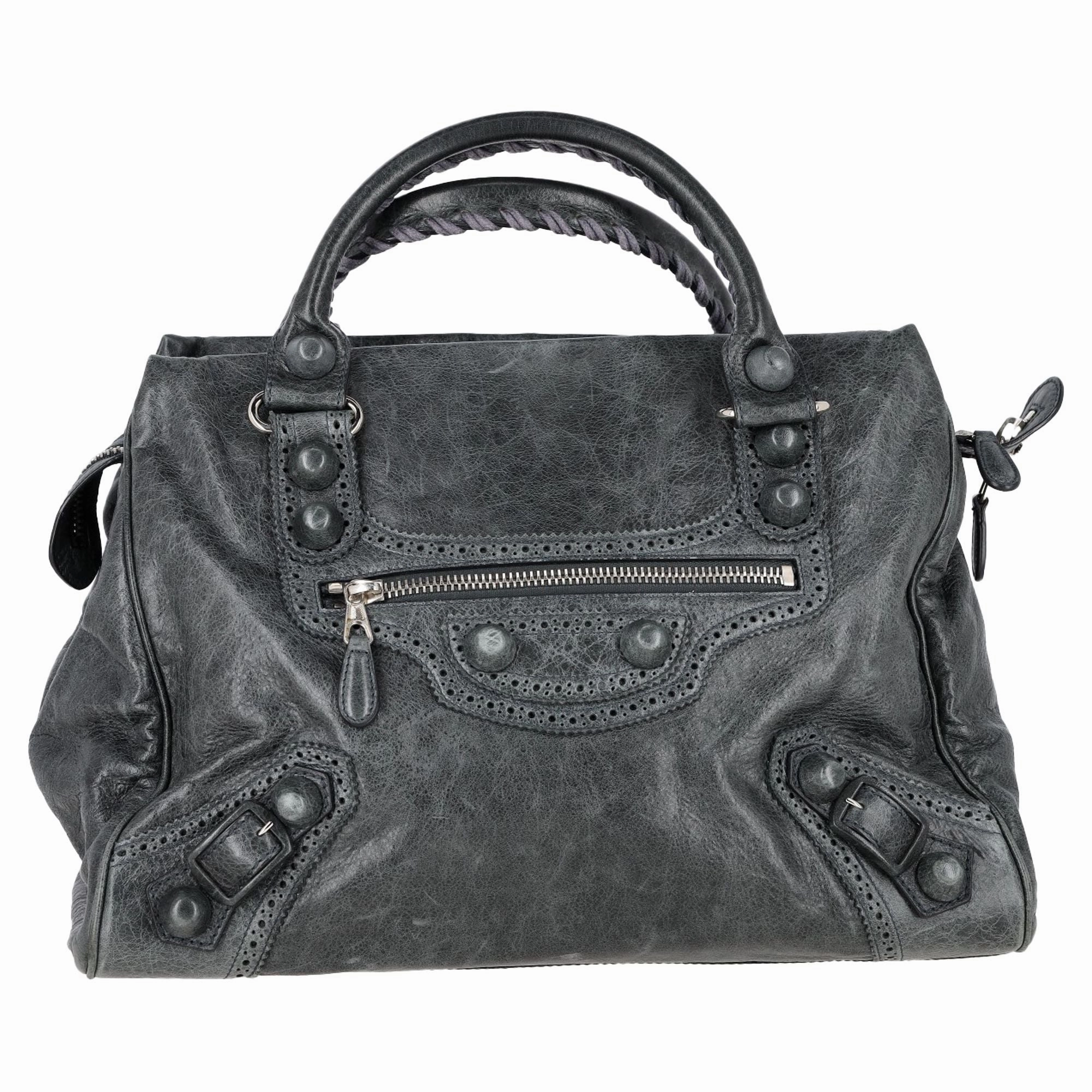 Balenciaga Giant Motocross Brogue Handbag in Grey Leather