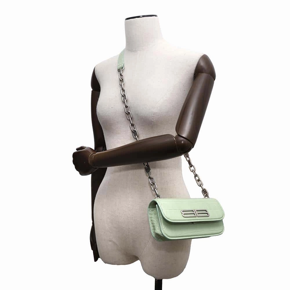 BALENCIAGA Logo Shoulder Bag Light Green679863 Embossed Leather