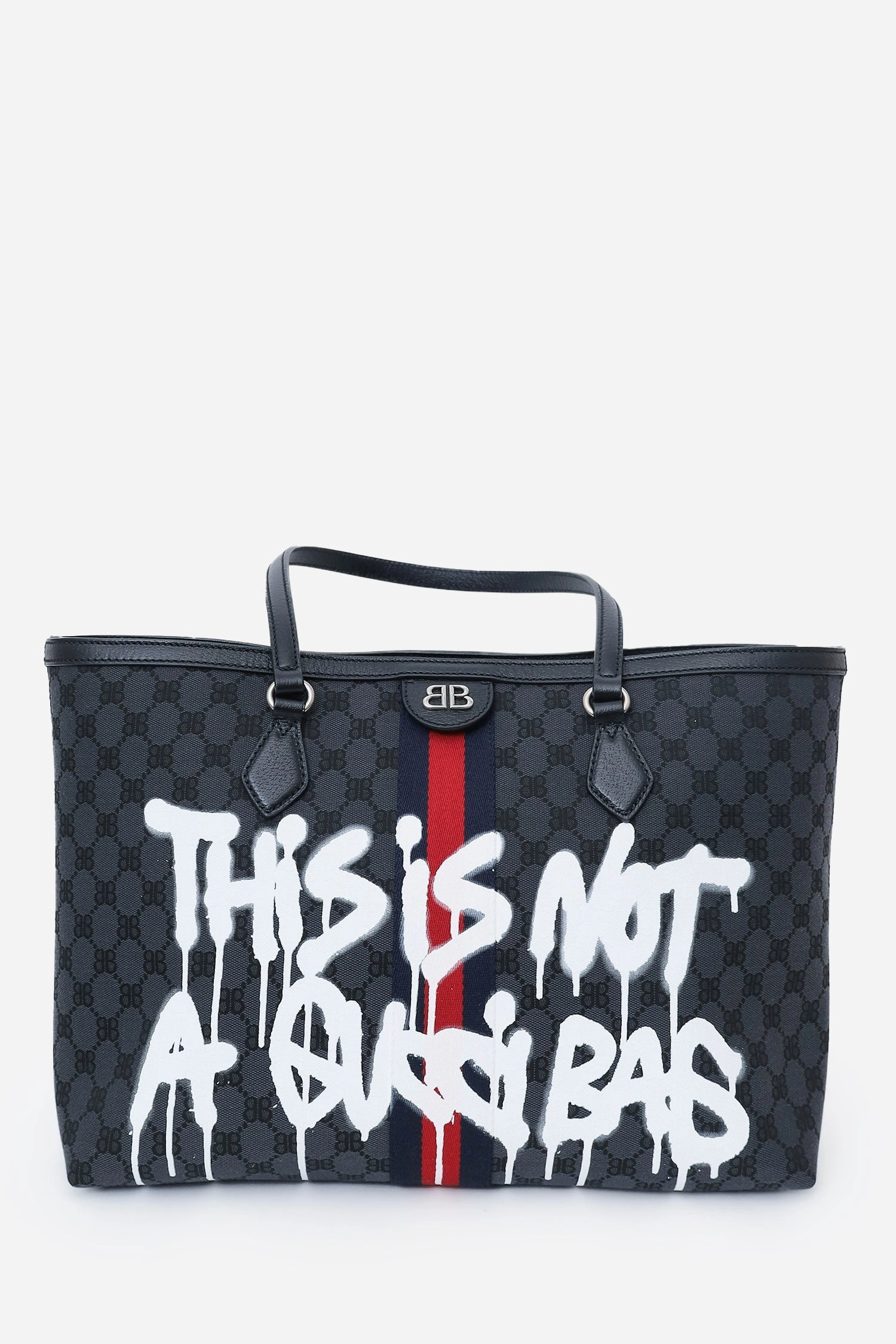 Balenciaga x Gucci Black BB Monogram Web Graffiti Medium Ophidia Shopping Tote
