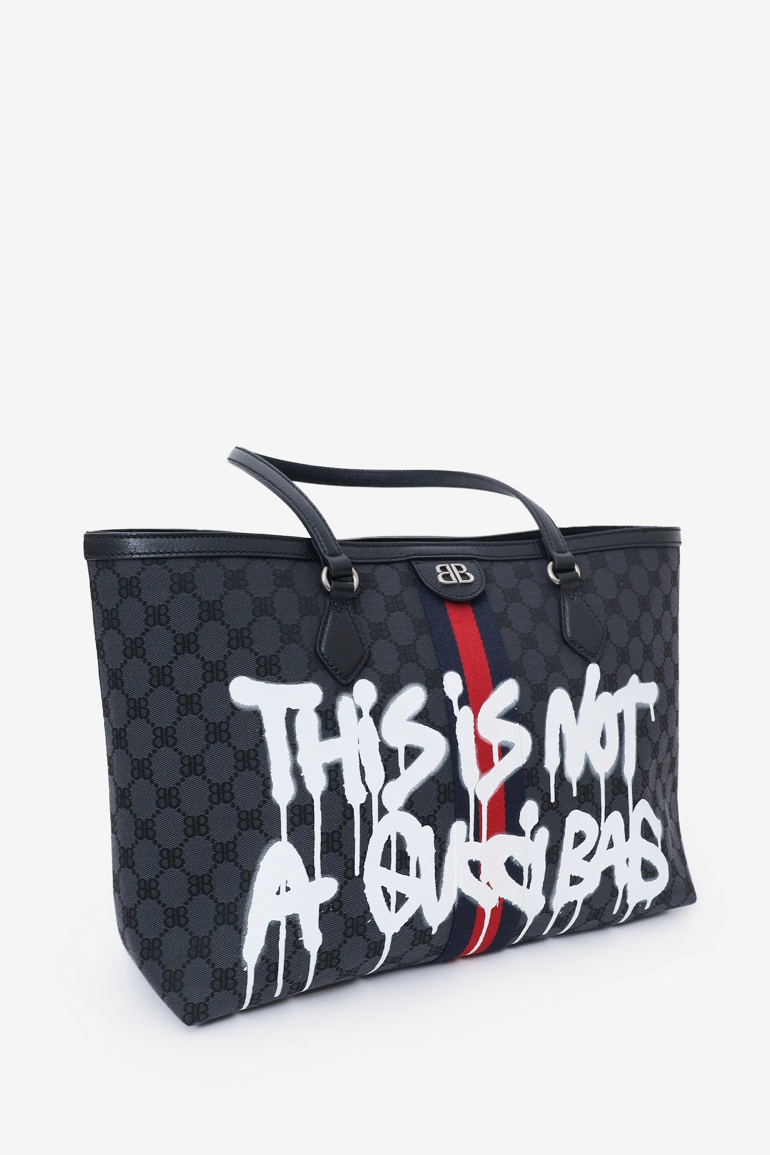 Balenciaga x Gucci Black BB Monogram Web Graffiti Medium Ophidia Shopping Tote