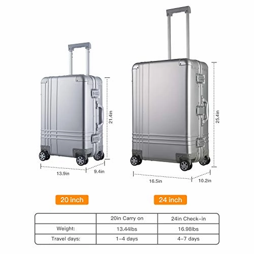 Bamboo Wolf 20-inch Aluminum-Magnesium Alloy Carry-on Hardside Suitcase Hard Shell Luggage, Built-In TSA Lock, Zipperless Fashion with Spinner Wheels for Travel / Business, Silver