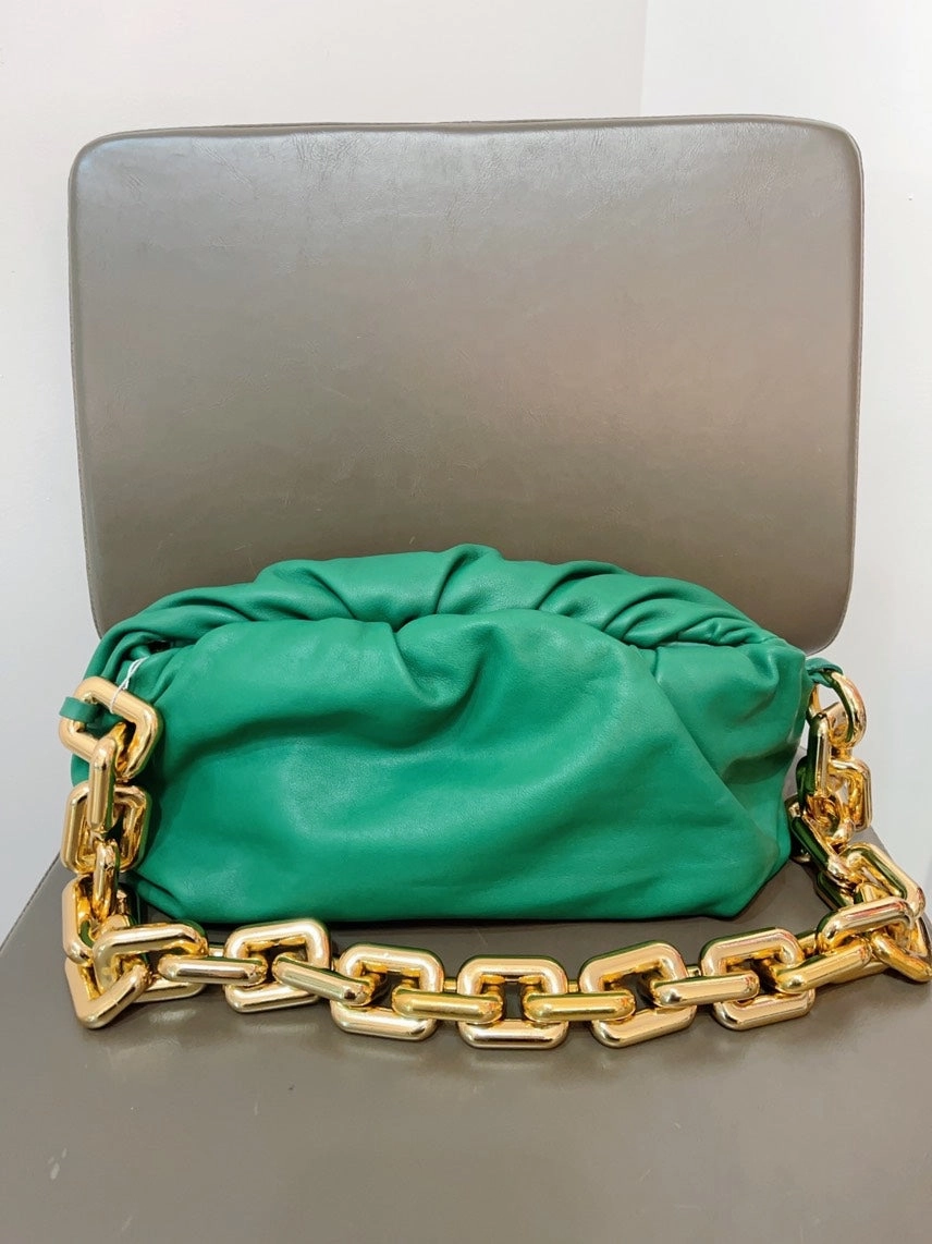 Bottega Veneta Big Chain Pouch Green Leather Shoulder Bag