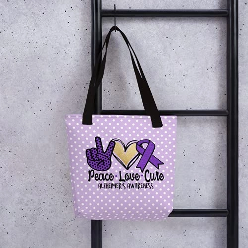 Brain Health and Alzheimer's Awareness Tote Bag Peace Love Cure Purple Polka Dot Custom Design Size 15" x 15"