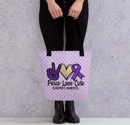 Brain Health and Alzheimer's Awareness Tote Bag Peace Love Cure Purple Polka Dot Custom Design Size 15" x 15"