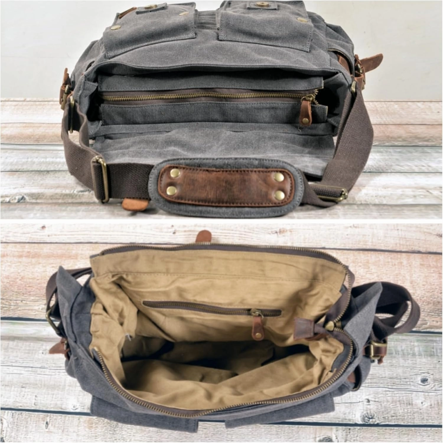 Canvas Messenger Bag, Vintage Genuine Leather Shoulder Bag, Briefcase Crossbody Satchel Purse Laptop Bag Medium