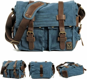 Canvas Messenger Bag, Vintage Genuine Leather Shoulder Bag, Briefcase Crossbody Satchel Purse Laptop Bag Medium