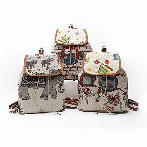 Canvas Teen Girls Travel Backpack Cute Mini School Bag Printing Purse Rucksack (Beige-03 One size)