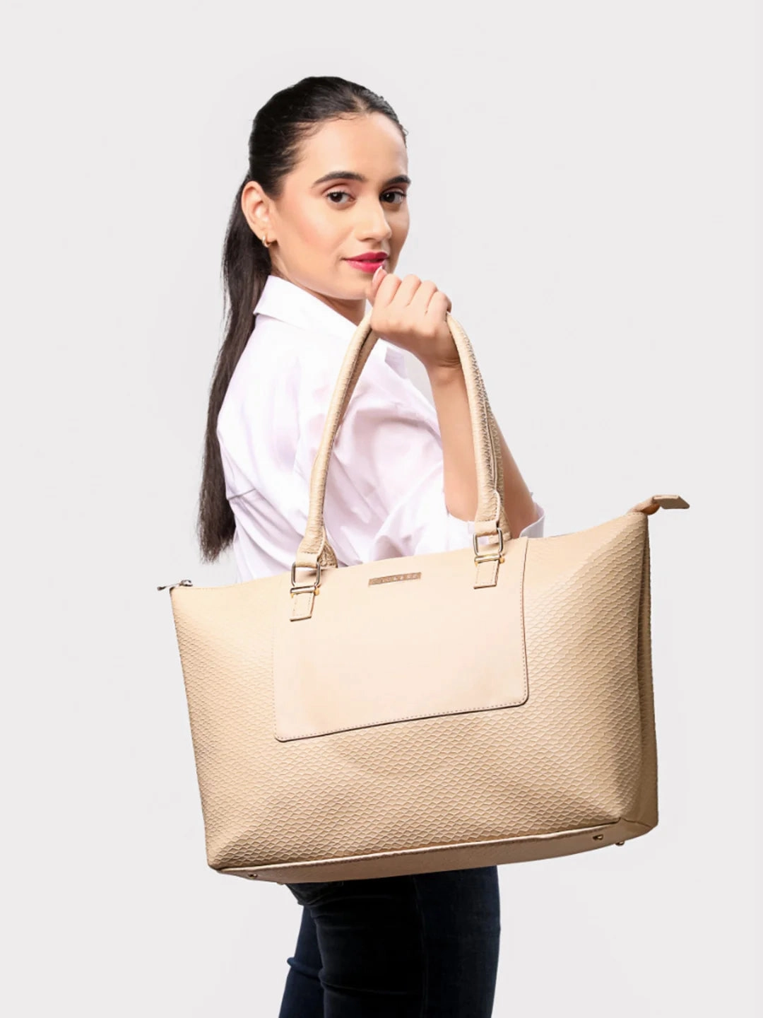 Caprese Fiona Tote Large Beige Office Laptop Bag
