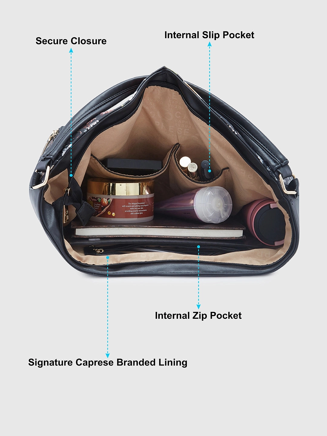 Caprese Fiorella Large Black Hobo Bag
