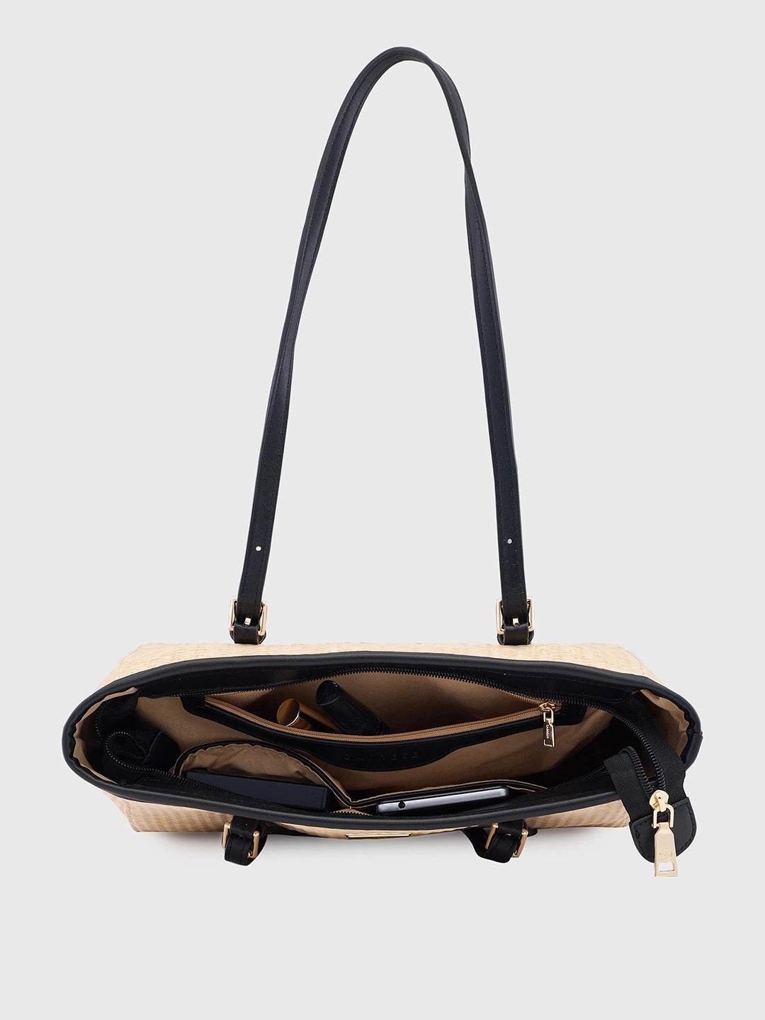 Caprese Georgia Self Design Medium Black Tote Bag