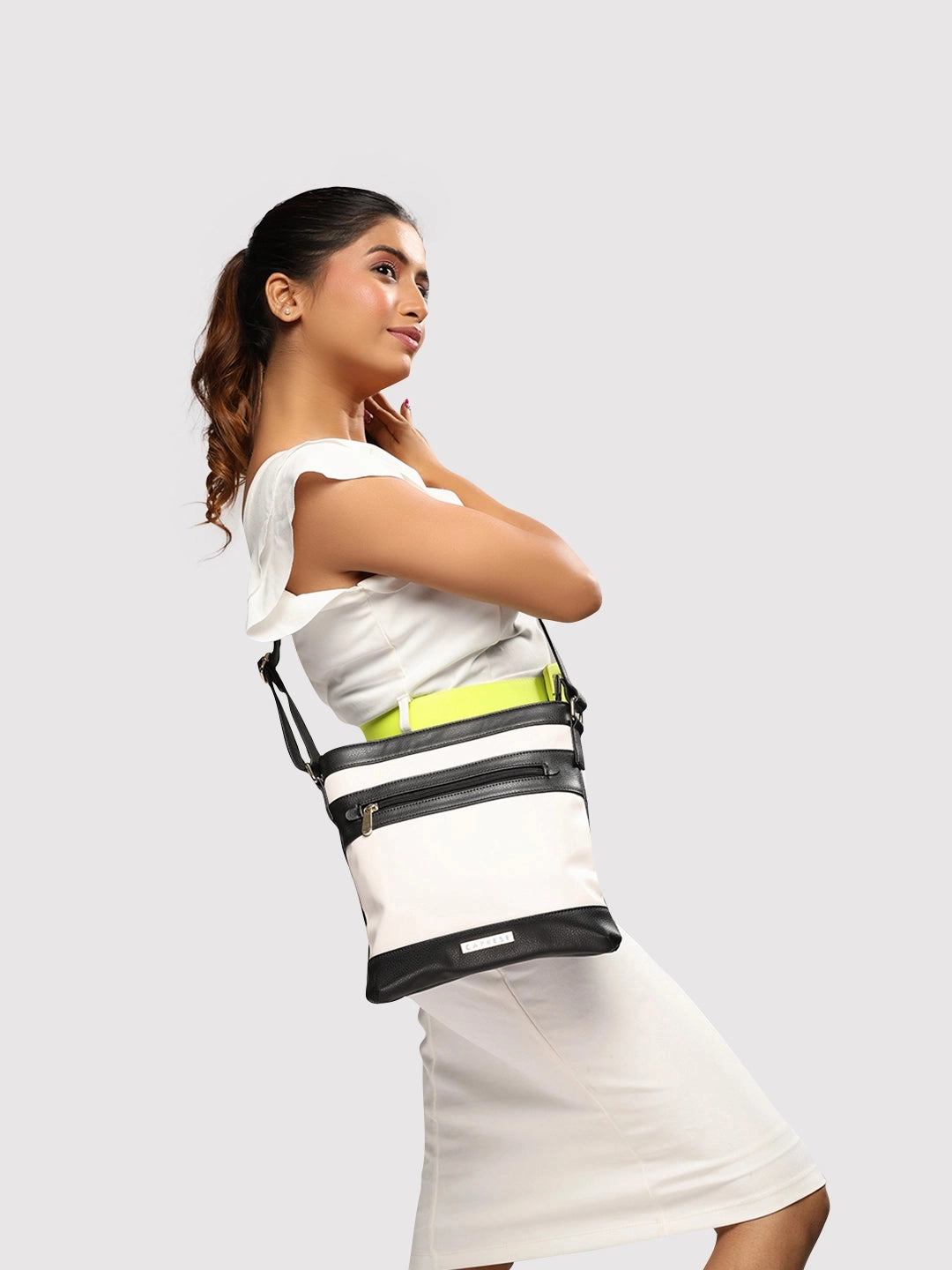 Caprese Marciano Medium Striped Black Sling Bag