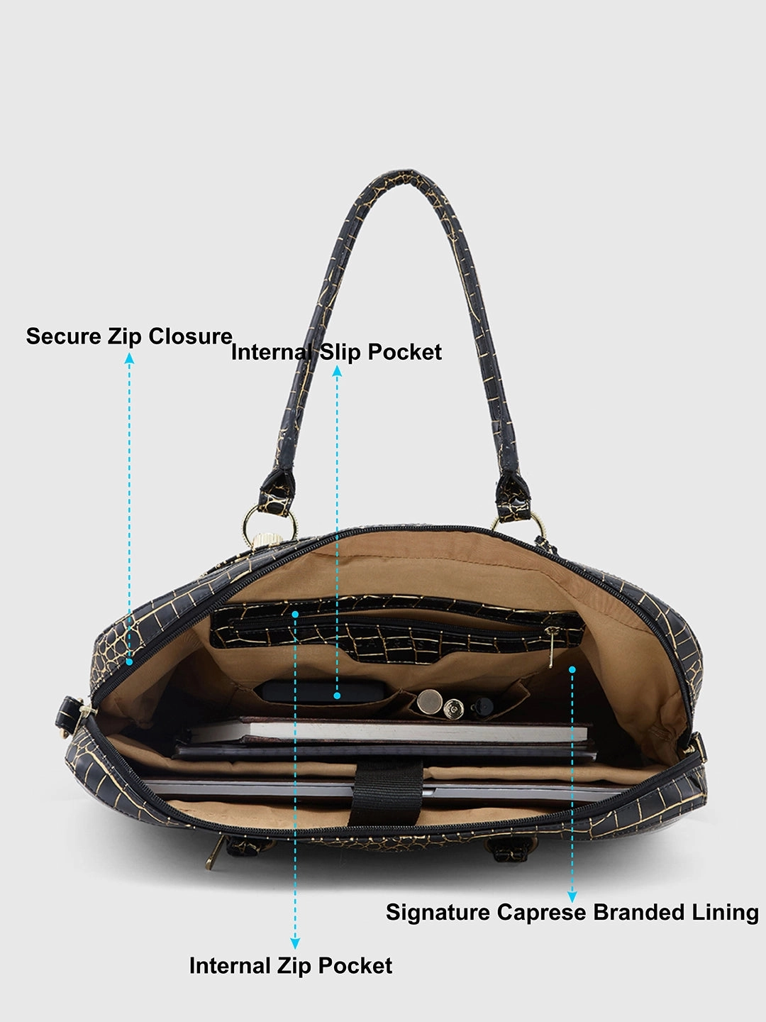 Caprese Miranda Large Black Croco Office Laptop Bag