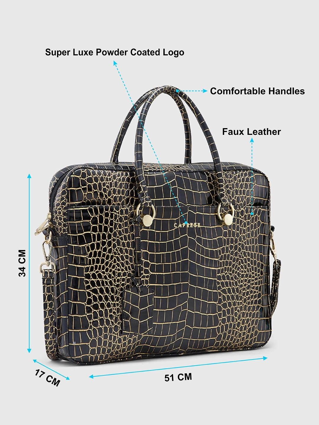 Caprese Miranda Large Black Croco Office Laptop Bag