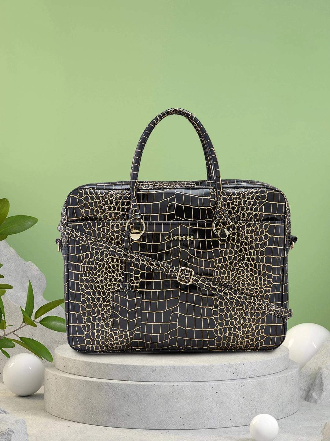 Caprese Miranda Large Black Croco Office Laptop Bag