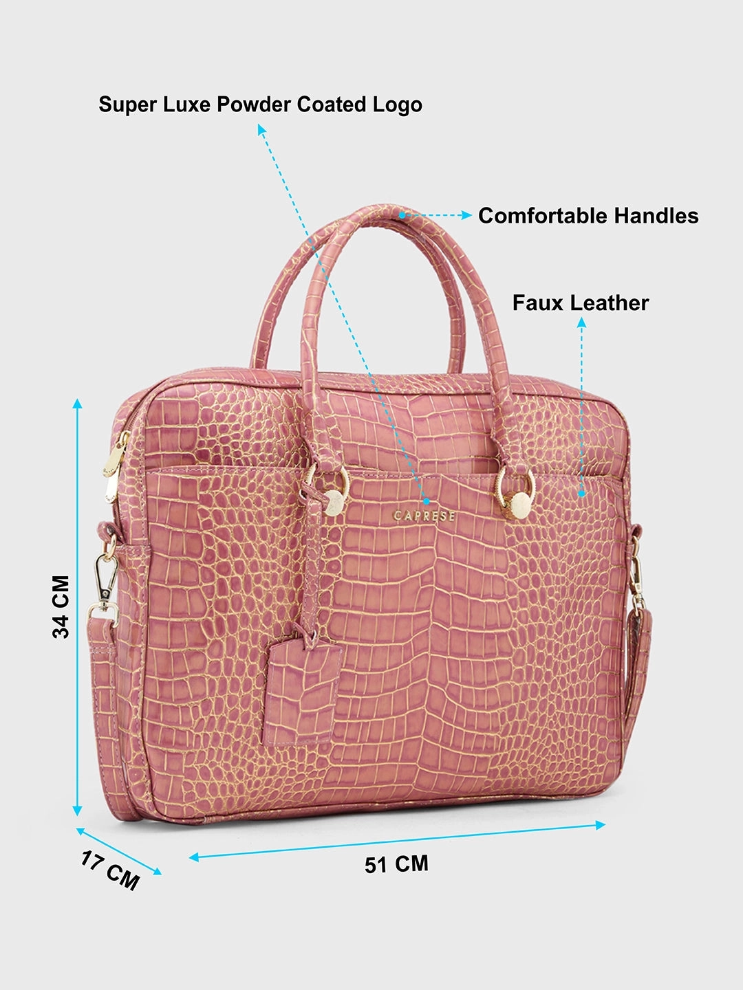 Caprese Miranda Large Pink Croco Office Laptop Bag