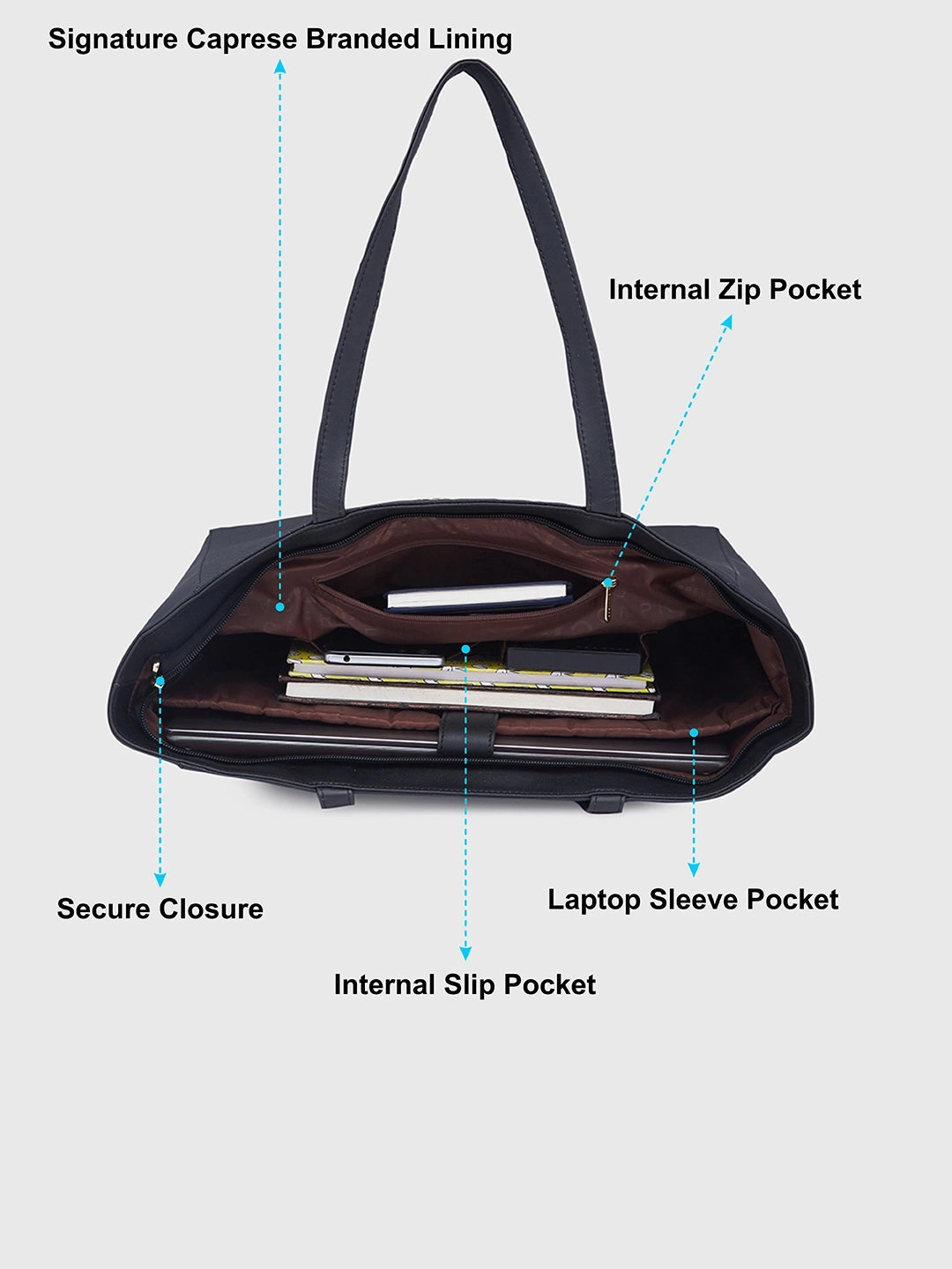 Caprese Rina Large Black Laptop Tote Bag