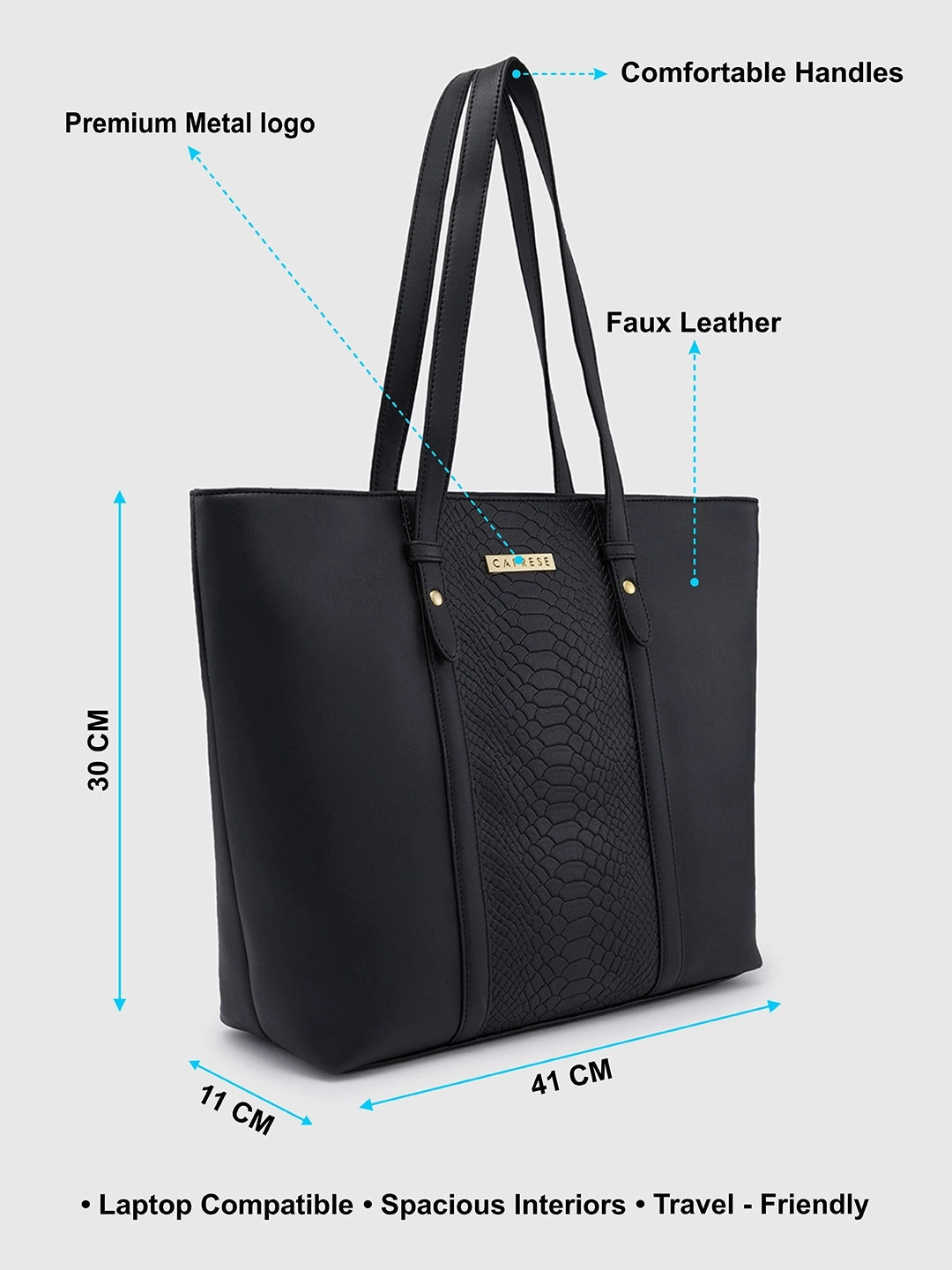 Caprese Sameera Large Black Laptop Tote Bag