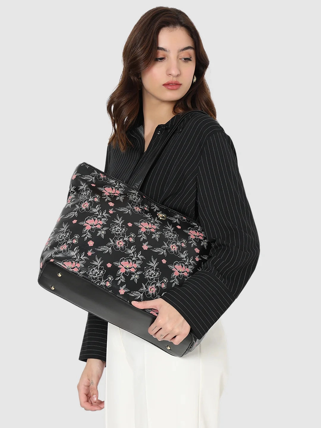 Caprese Snow Printed Large Black Laptop Tote Bag