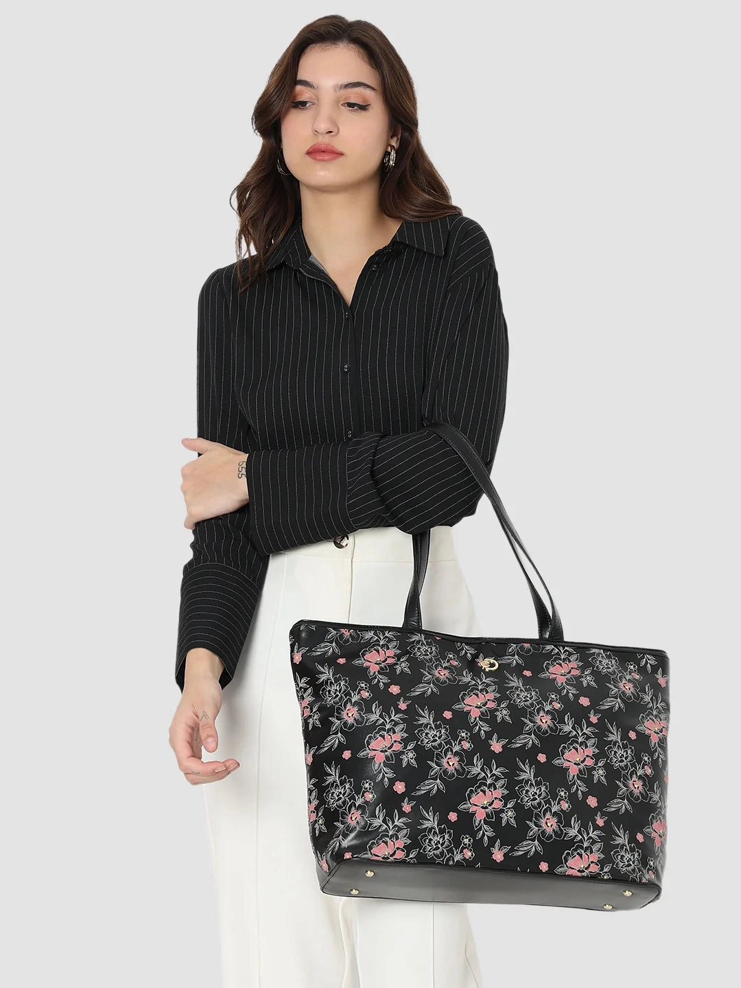 Caprese Snow Printed Large Black Laptop Tote Bag