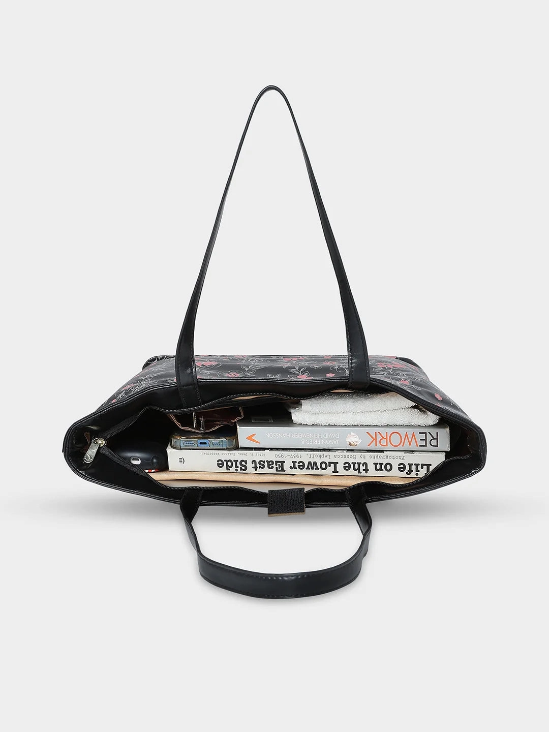 Caprese Snow Printed Large Black Laptop Tote Bag