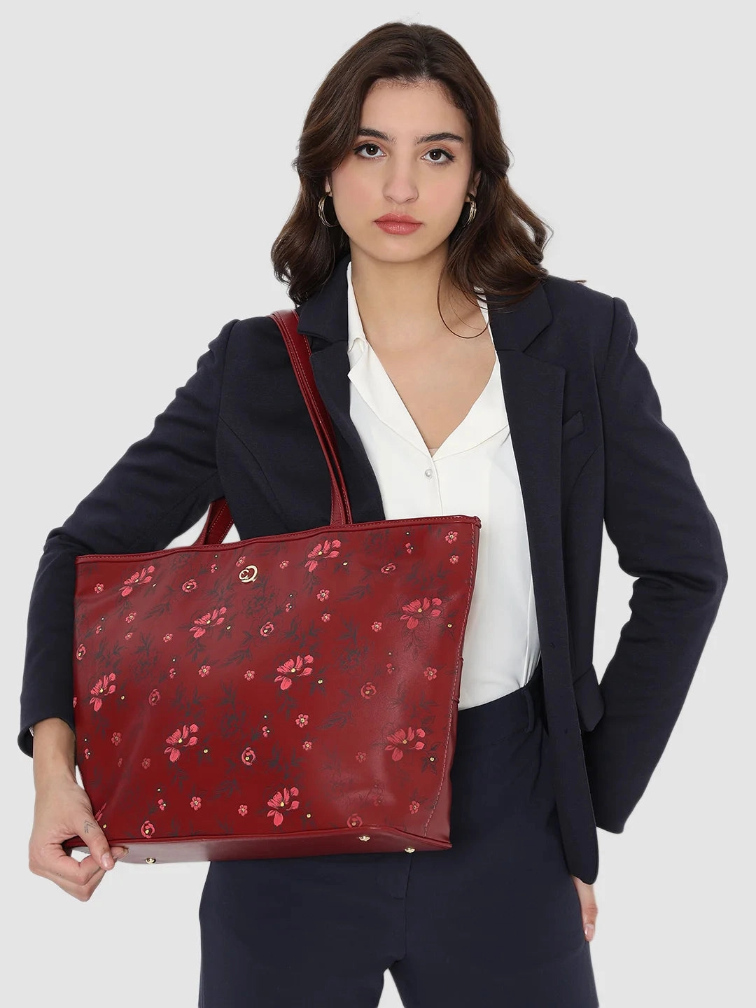 Caprese Snow Printed Large Maroon Laptop Tote