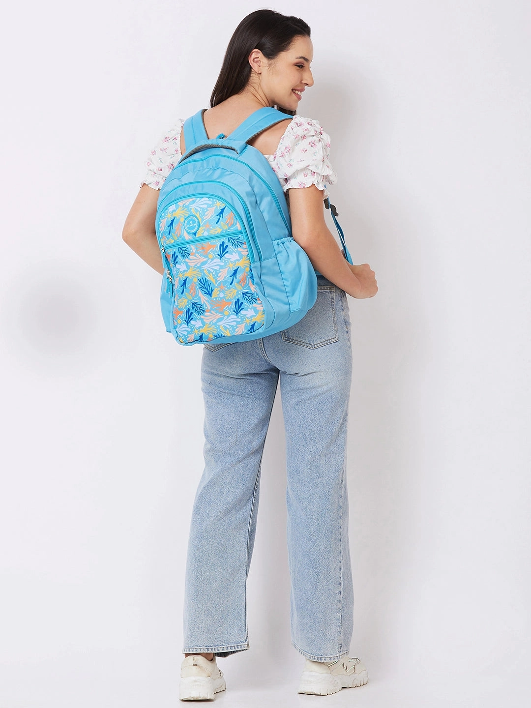 Caprese Xenia Large Printed Light Blue Laptop Backpack