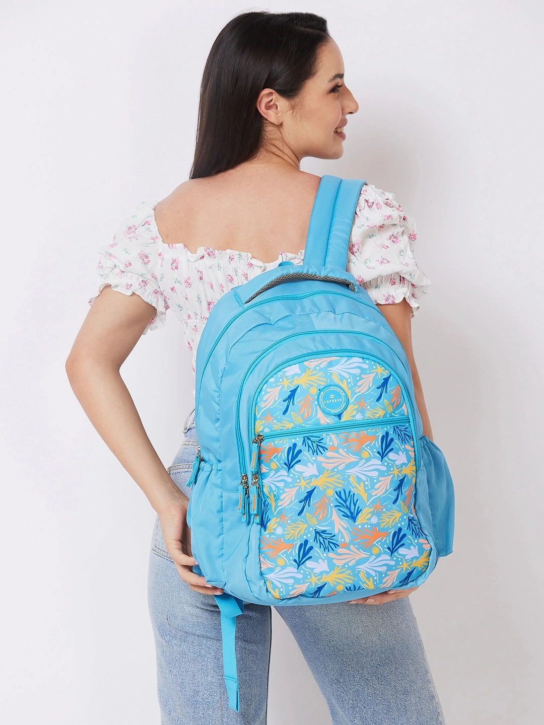 Caprese Xenia Large Printed Light Blue Laptop Backpack