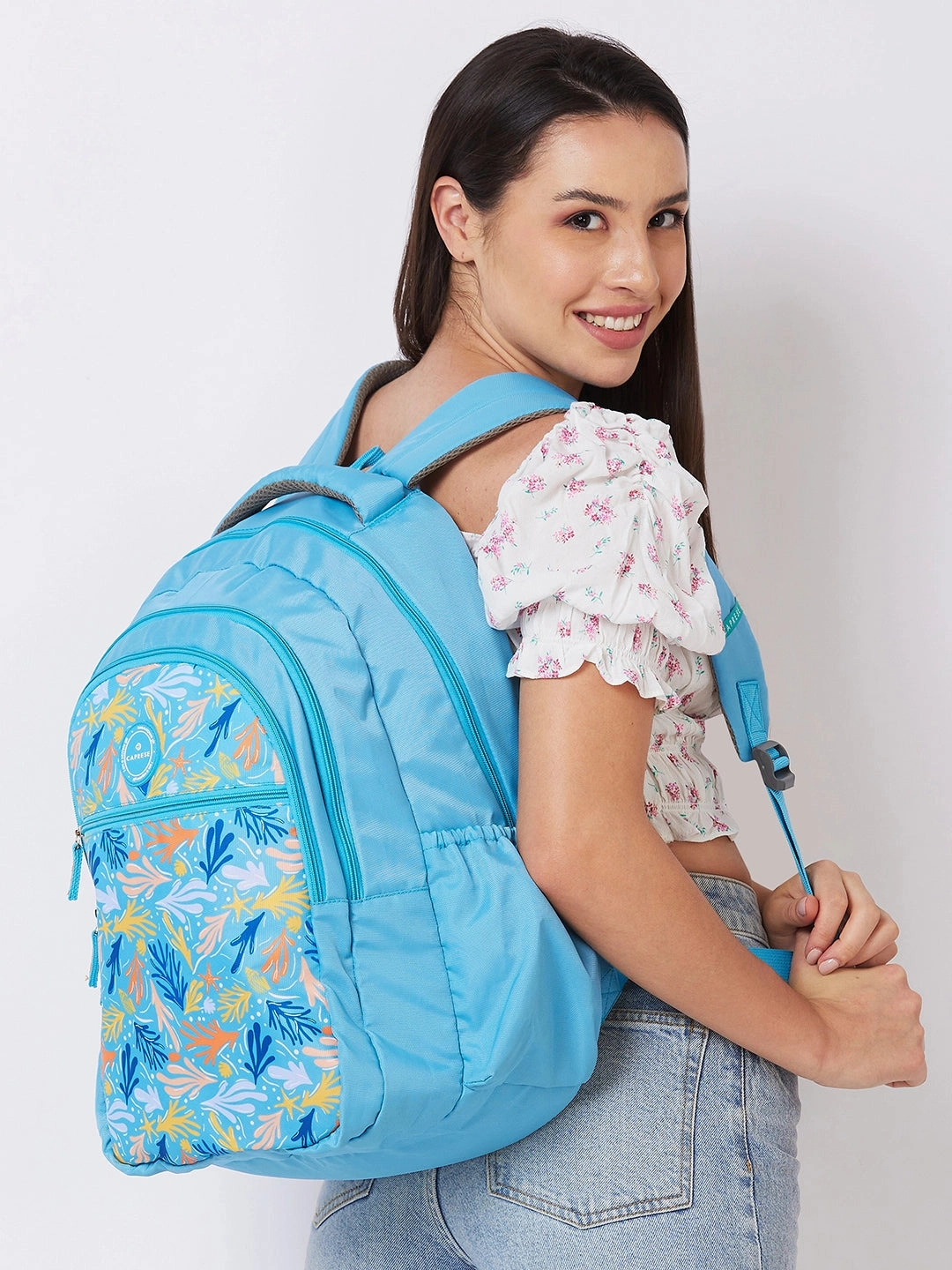 Caprese Xenia Large Printed Light Blue Laptop Backpack