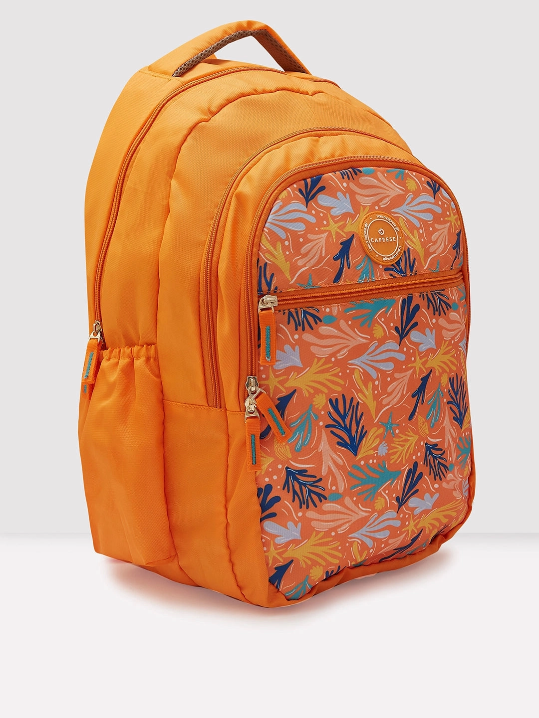 Caprese Xenia Large Printed Orange Laptop Backpack