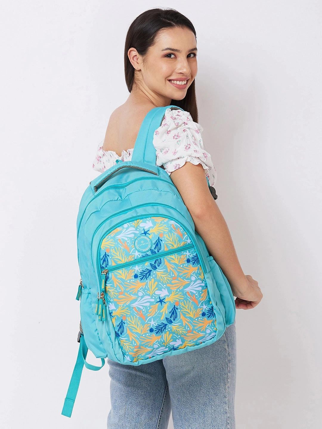 Caprese Xenia Large Printed Turquoise Laptop Backpack