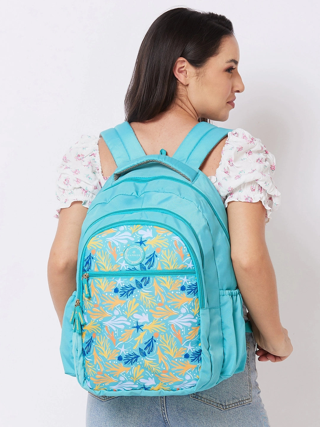Caprese Xenia Large Printed Turquoise Laptop Backpack
