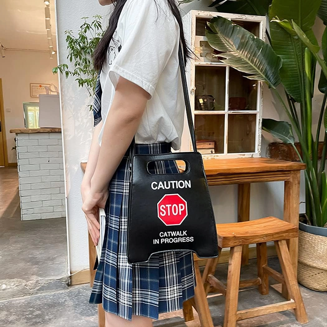 Caution Stop Sign Catwalk in Progress Funny Purse Messenger Bag Shoulder Crossbody Bag for Women