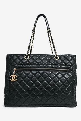 Chanel 2013 Black Lambskin Quilted CC Charm Tote