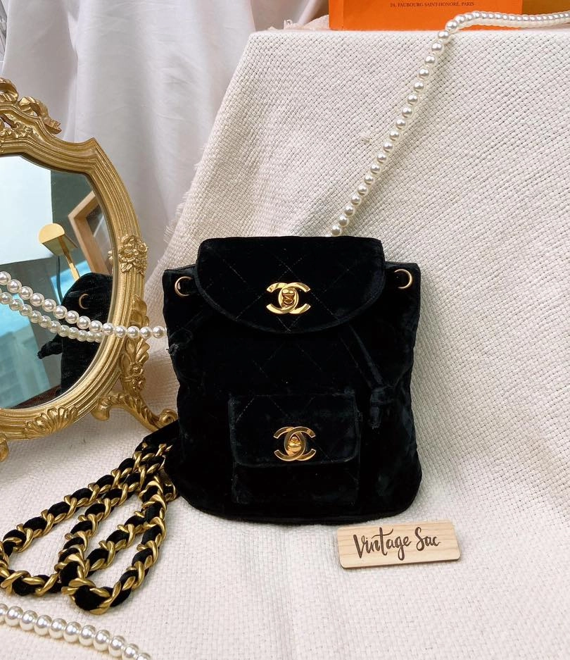 Chanel Black Velvet Vintage Mini Duma Backpack GHW