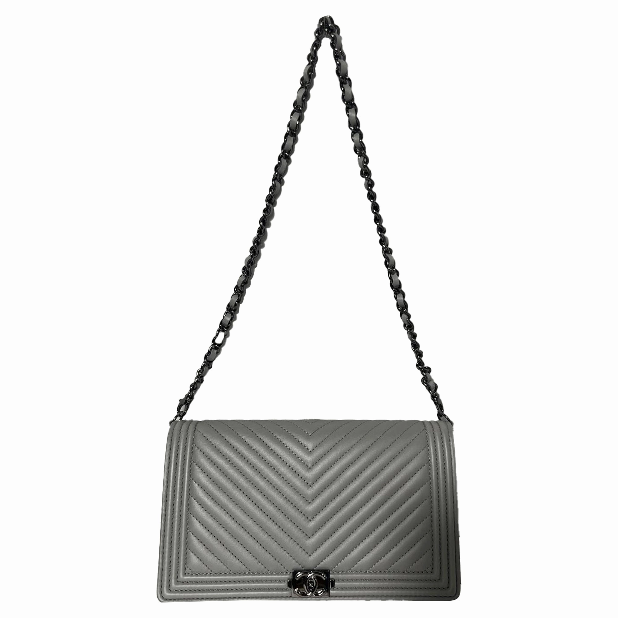 Chanel Boy Chevron Quilted Chain on Wallet in Grey Leather