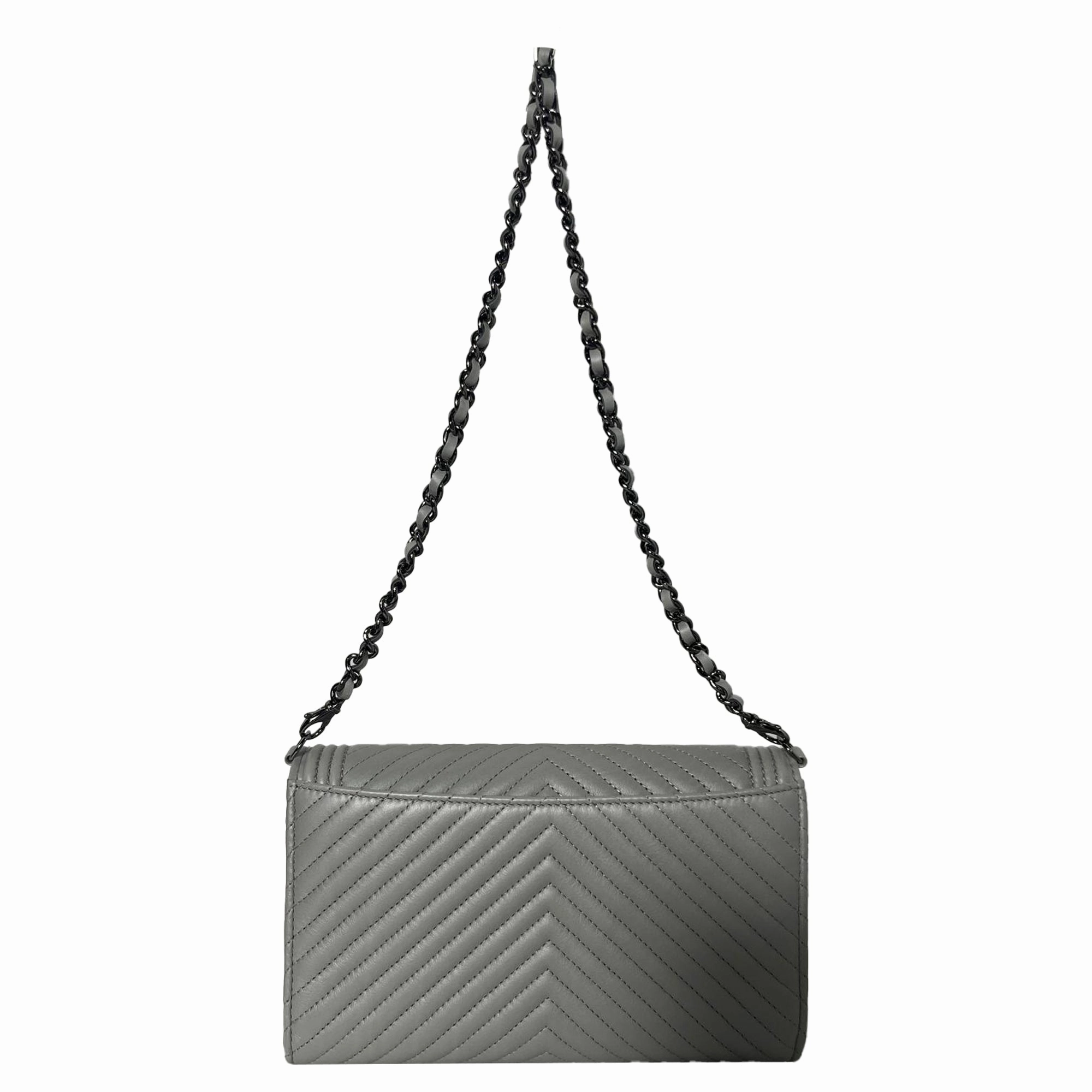 Chanel Boy Chevron Quilted Chain on Wallet in Grey Leather