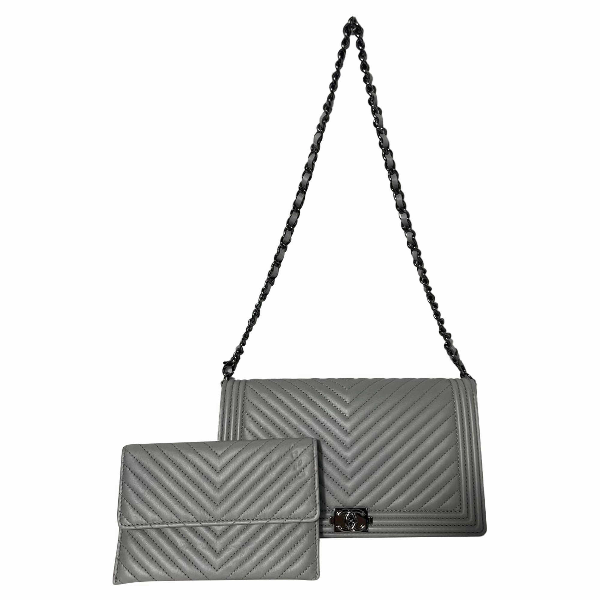 Chanel Boy Chevron Quilted Chain on Wallet in Grey Leather
